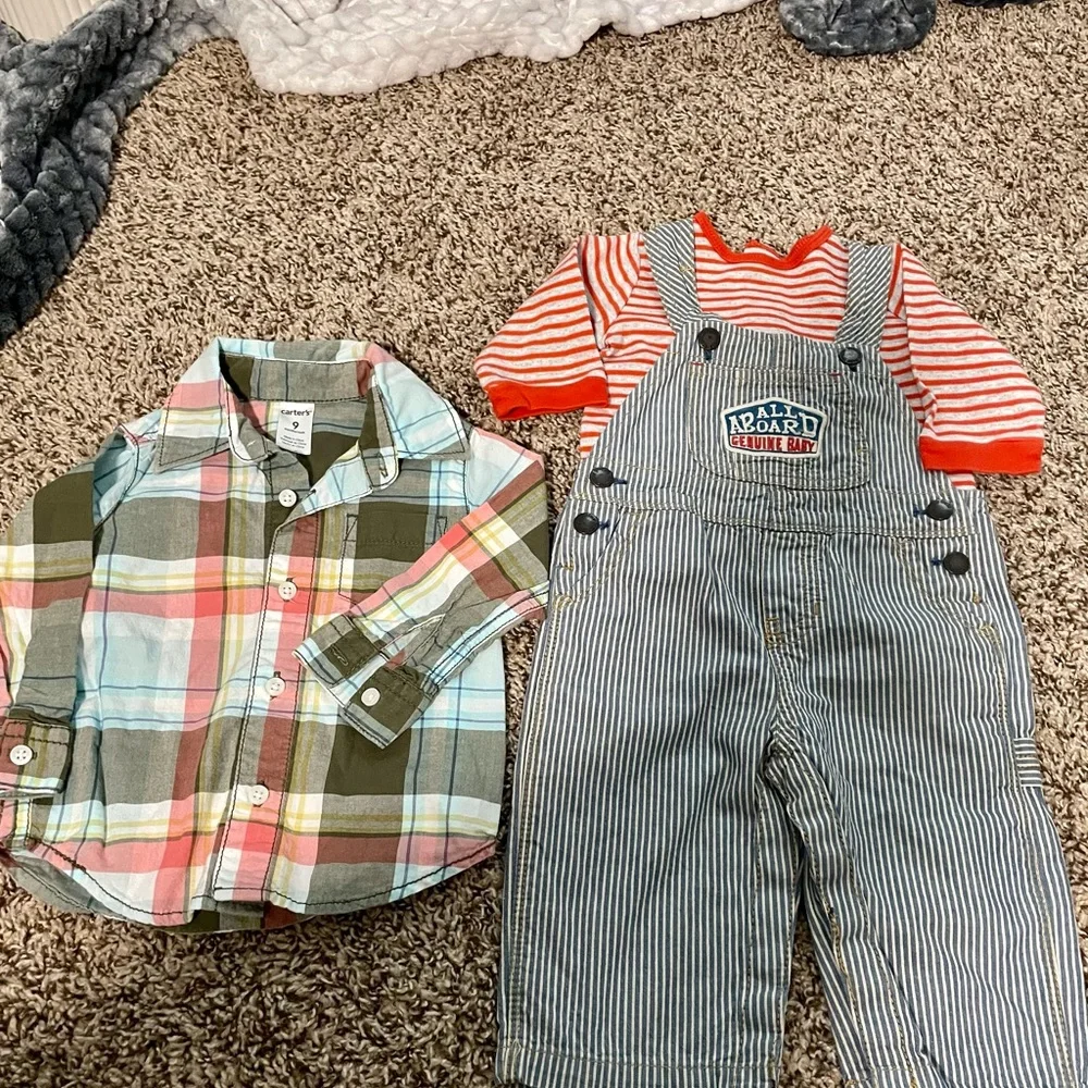 OshKosh B'gosh Blue & White Striped Overalls and 2 Shirts 1 plaid lg sleeves 9 M